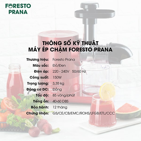 Thông tin kỹ thuật của máy ép Foresto Prana