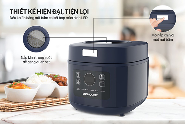 Nồi cơm điện tử 1L SUNHOUSE SHD8802 có thiết kế sang trọng, lạ mắt với nắp bằng kính trong suốt